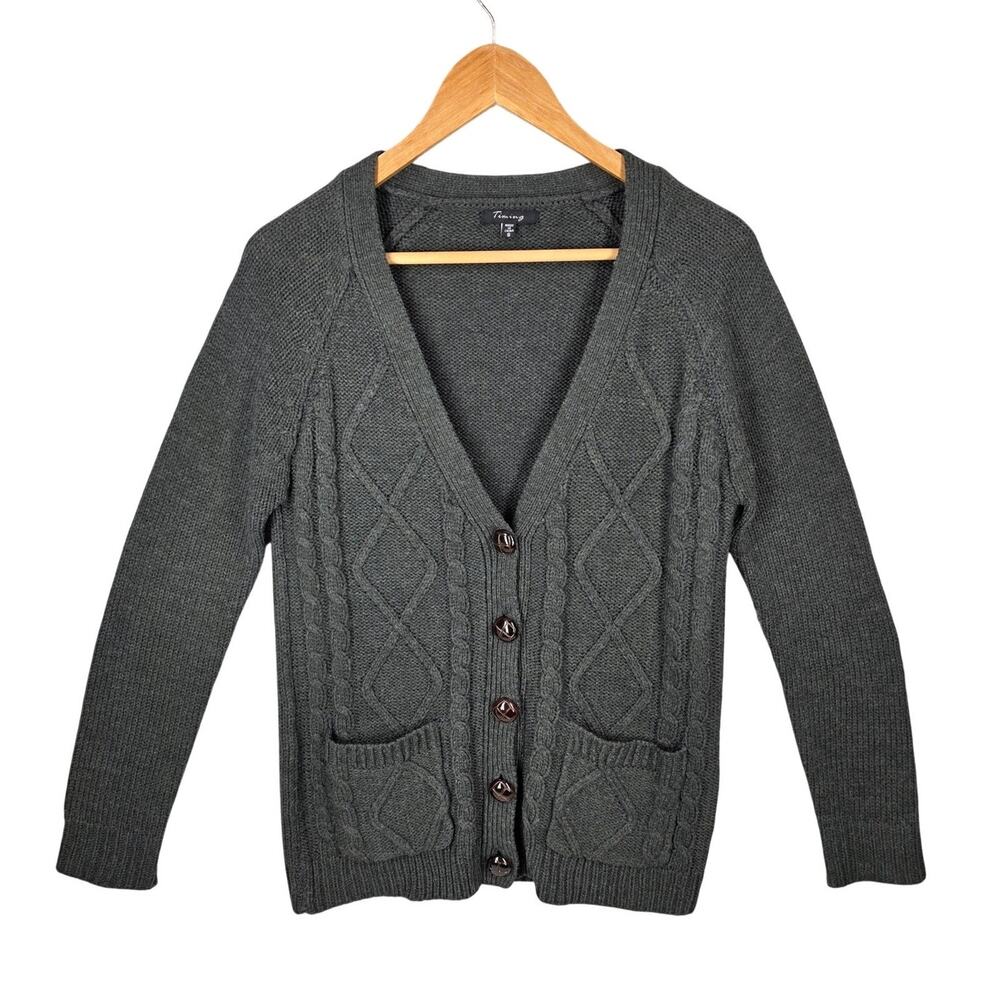 TIMING WOMEN’S CABLE KNIT CARDIGAN SWEATER – GREEN / BROWN BUTTONS – SIZE SMALL